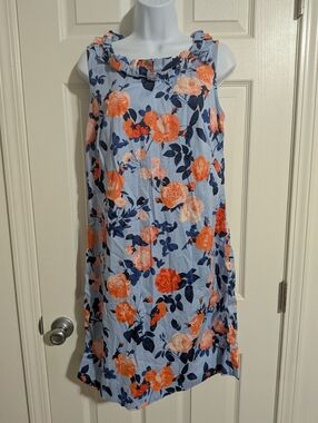 Talbots 8 Sleeveless Floral Ruffle Neck Dress Light Blue with Orange Floral